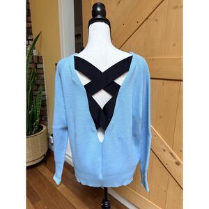 Maje Paris Light Blue Open Back Sweater Black Crisscross Strap Knit Size 2 M